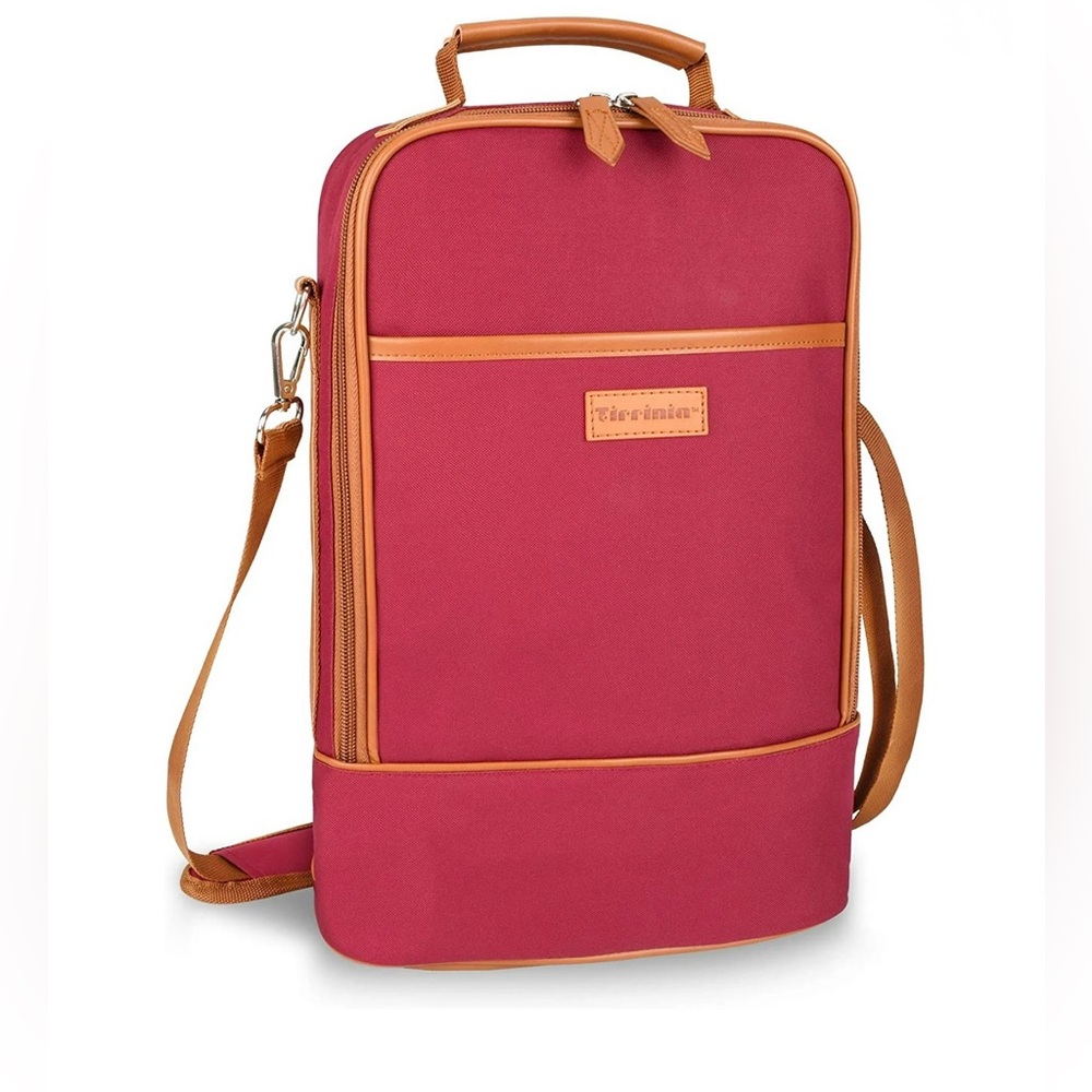 Tirrinia 2 Bottle Wine Cooler Bag For Park in Deep Red with Brown Leather Trim